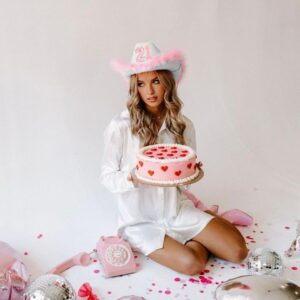 JUSTOTRY 21st Birthday Pink Cowboy Hat - 21ST Birth day Outfit Gifts for Women Cowgirl Hats with Wide Brime for 21st Birthday Decorations