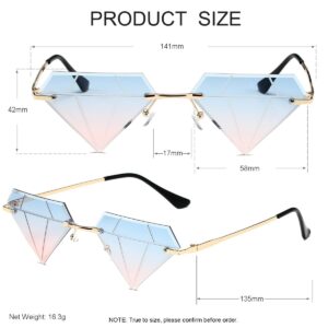 JOVAKIT Triangle Diamond Shaped Sunglasses for Women Men Vintage Rimless Sun Glasses Retro Rave Party Halloween Eyeglasses (Gold/Blue&Pink)