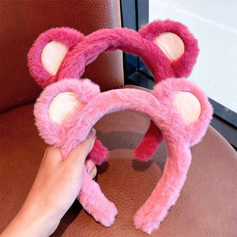 ZHOUMEIWENSP Bear Ears Cute Headband Fluffy Hairband, Animal Head Wear for Party Celebrations Cosplay Dress up Costume Makeup Washing Face Kids Adults Women Gift (Rose red)