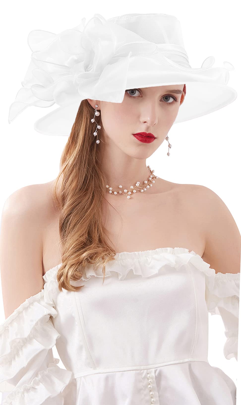 ORIDOOR Women's Organza Cloche Bowler Hat Derby Fascinator for Tea Party Bridal Wedding Hat 011C1-White