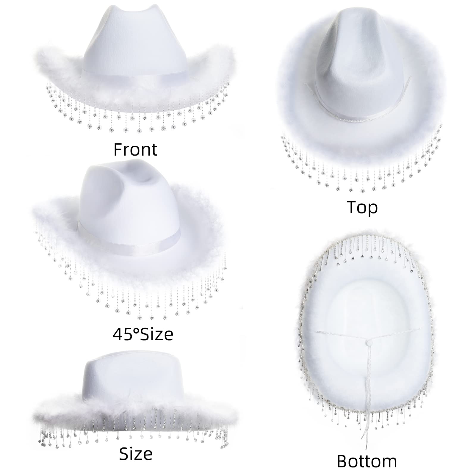 JUSTOTRY White Cowgirl Hat for Women with Rhinestone Fringe Feathers and Wide Brime Cowboy Hats for Girl Dress up Disco Party