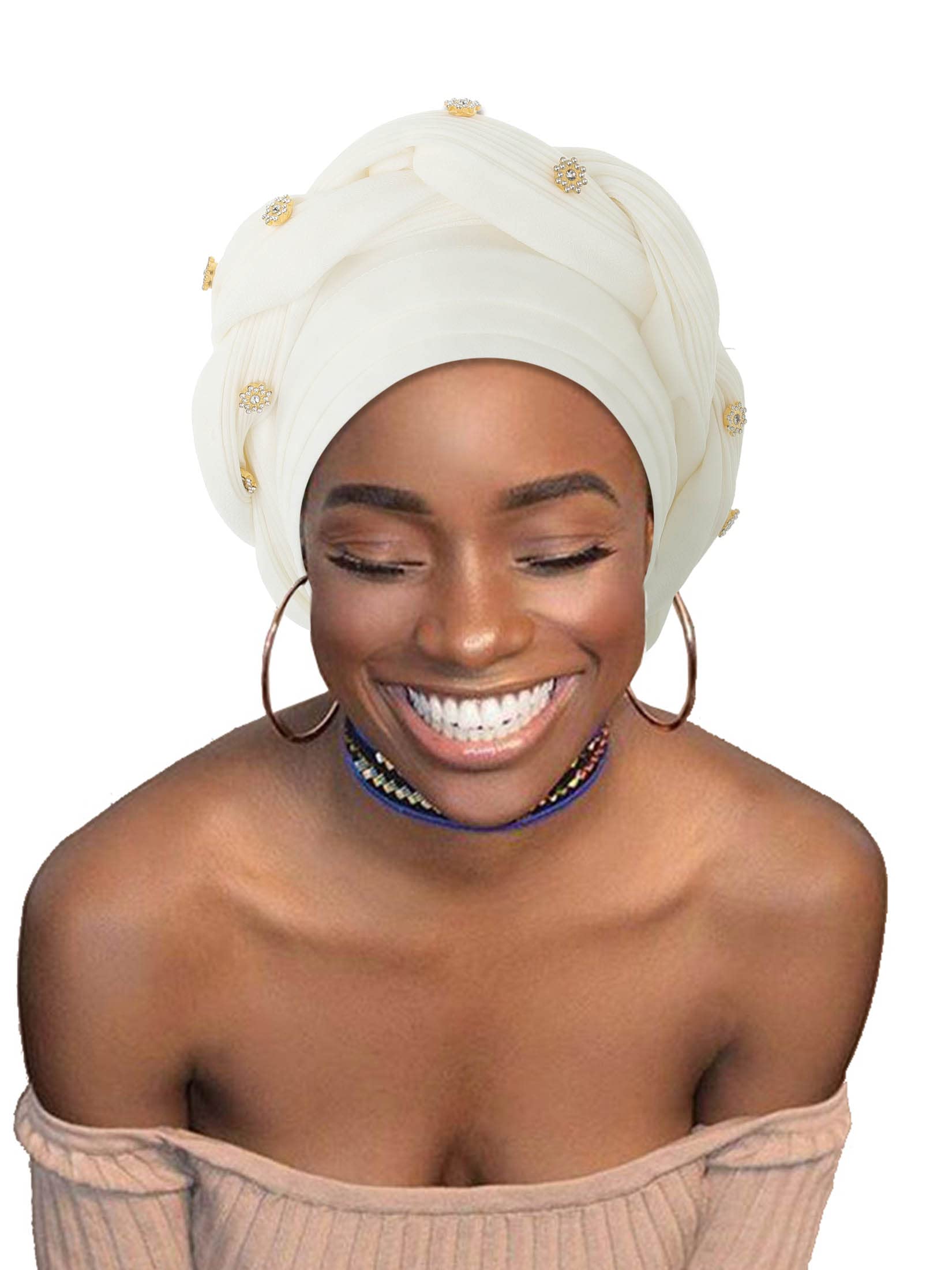 Woeoe Women African Turban Pre-Tied Twisted Beanie Cap Headwear Rhinestone Soft Stretchy Head Turbans (White)