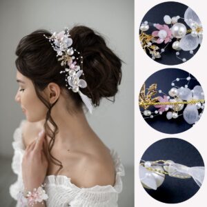 2 Pieces Wedding Flower Headpieces for Girls, Flower Girl Hair Accessories for Wedding Rhinestones Flower Headband Fairy Pearl Flower Crown for Girls Bridal Crystal Flower Tiara for Women