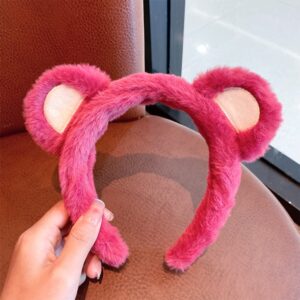 ZHOUMEIWENSP Bear Ears Cute Headband Fluffy Hairband, Animal Head Wear for Party Celebrations Cosplay Dress up Costume Makeup Washing Face Kids Adults Women Gift (Rose red)