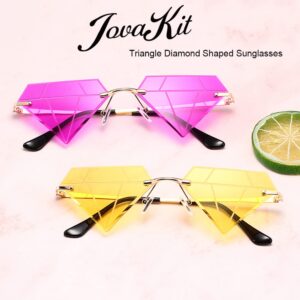 JOVAKIT Triangle Diamond Shaped Sunglasses for Women Men Vintage Rimless Sun Glasses Retro Rave Party Halloween Eyeglasses (Gold/Blue&Pink)