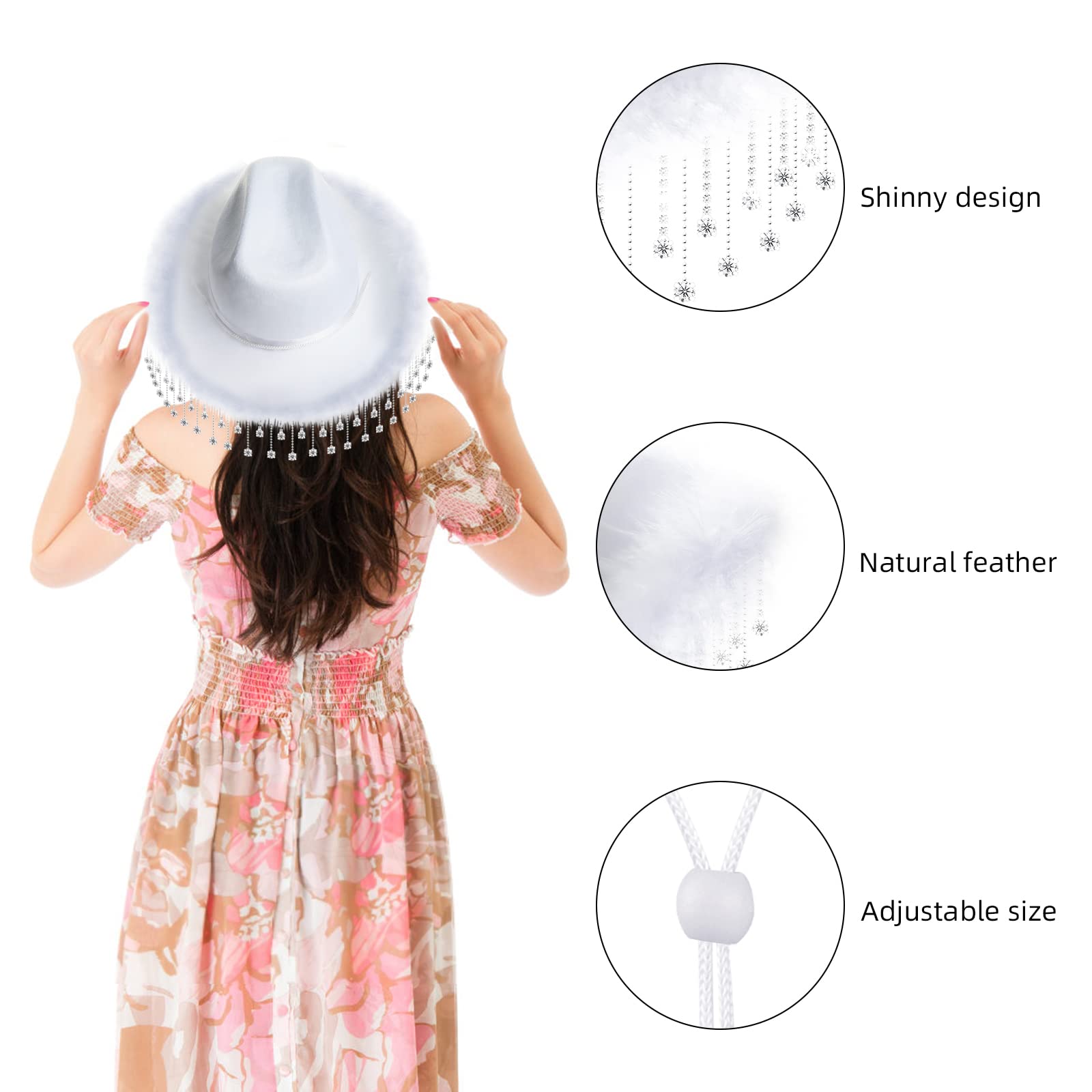 JUSTOTRY White Cowgirl Hat for Women with Rhinestone Fringe Feathers and Wide Brime Cowboy Hats for Girl Dress up Disco Party