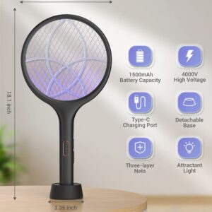 YISSVIC Electric Fly Swatter 4000V Bug Zapper Racket Dual Modes Mosquito Killer with Purple Mosquito Light Rechargeable for Indoor Home Office Backyard Patio Camping