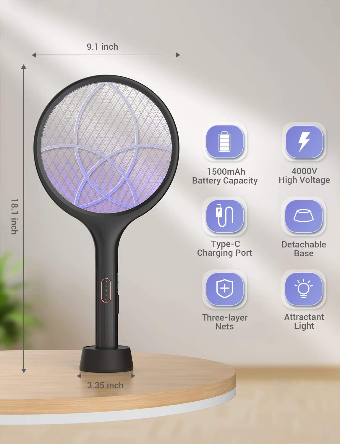 YISSVIC Electric Fly Swatter 4000V Bug Zapper Racket Dual Modes Mosquito Killer with Purple Mosquito Light Rechargeable for Indoor Home Office Backyard Patio Camping