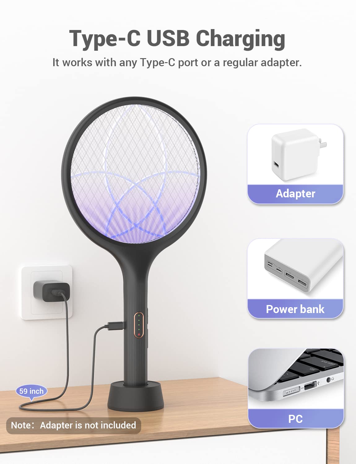 YISSVIC Electric Fly Swatter 4000V Bug Zapper Racket Dual Modes Mosquito Killer with Purple Mosquito Light Rechargeable for Indoor Home Office Backyard Patio Camping