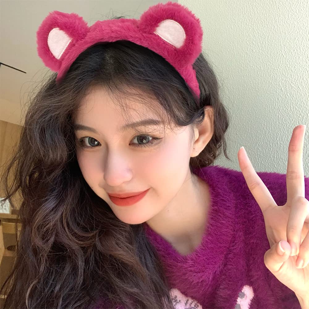 ZHOUMEIWENSP Bear Ears Cute Headband Fluffy Hairband, Animal Head Wear for Party Celebrations Cosplay Dress up Costume Makeup Washing Face Kids Adults Women Gift (Rose red)