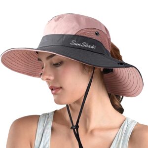 ZOORON 1 Pack Women's Ponytail Safari Sun Hat,Wide Brim UV Protection Outdoor Bucket Hat,Foldable Beach Summer Fishing Hat