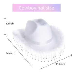 JUSTOTRY White Cowgirl Hat for Women with Rhinestone Fringe Feathers and Wide Brime Cowboy Hats for Girl Dress up Disco Party