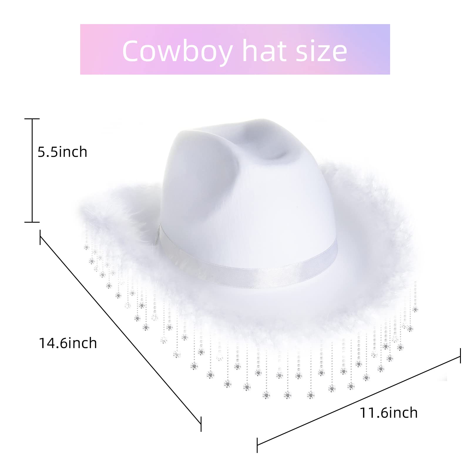 JUSTOTRY White Cowgirl Hat for Women with Rhinestone Fringe Feathers and Wide Brime Cowboy Hats for Girl Dress up Disco Party