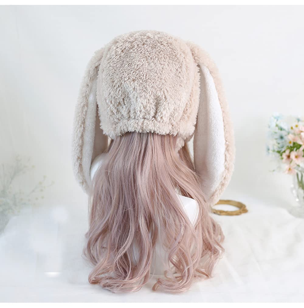 Jilneed Cute Bunny Hat Women Plush Rabbit Ear Funny Lolita Sweet Kawaii Winter Fluffy Fleece Warm Hat Cap Cosplay Accessory (pink)