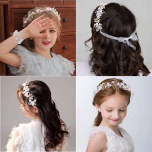 2 Pieces Wedding Flower Headpieces for Girls, Flower Girl Hair Accessories for Wedding Rhinestones Flower Headband Fairy Pearl Flower Crown for Girls Bridal Crystal Flower Tiara for Women