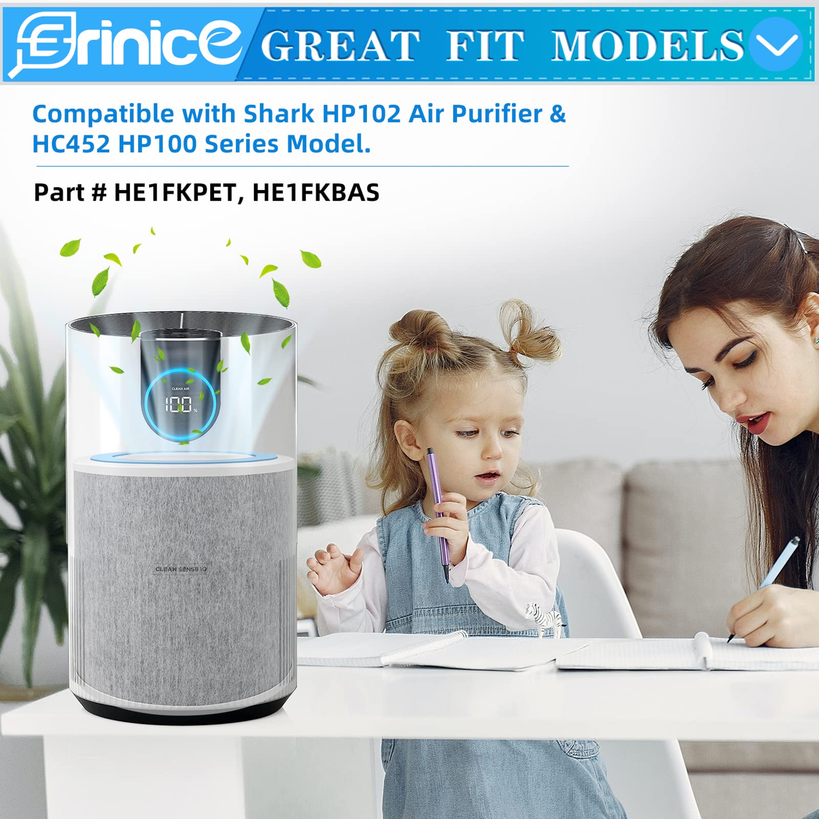 Erinice HP102 Replacement Filters for Shark Air Purifier HP100 Series HC452 Accessories, 3-in-1 Model HC450 HC451 HC452 HC455 H13 Grade True Air Purifier Filter, Compare to Part #HE1FKBAS & #HE1FKPET