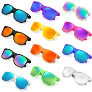 Geopty 12 Pack Neon Mirror Sunglasses Bulk, Retro Colorful Cheap Sunglasses for Women Men Party Favor Supplies