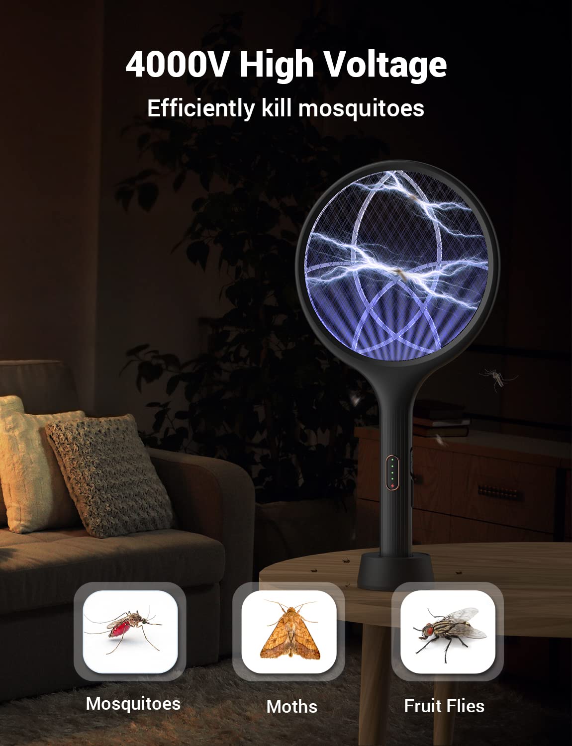 YISSVIC Electric Fly Swatter 4000V Bug Zapper Racket Dual Modes Mosquito Killer with Purple Mosquito Light Rechargeable for Indoor Home Office Backyard Patio Camping