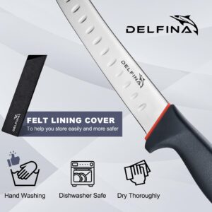 DELFINA Curved Breaking Knife 10 inch W/Sheath & SoftGrip Handle, Butcher Breaking Knife For Meat Cutting, High Carbon Japanese Steel