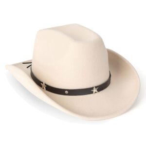 Lisianthus Women Men Western Cowboy Cowgirl Hat Outdoor Felt Wide Brim Hat Star-Beige