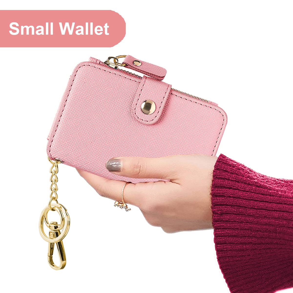 Keychain wallet with ID Window, Credit Card Holder with Zipper Card Wallet Women with Gift Box Packing(Light Pink)