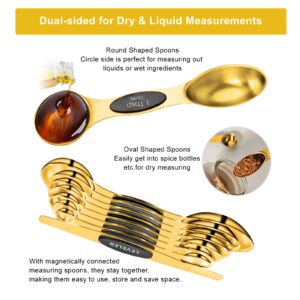 LIFETOWE Gold Measuring Cups and Spoons Set of 15, 18/8 Stainless Steel, Includes 7 Nesting Metal Measuring Cups,8 Magnetic Measuring Spoons set - Ideal Kitchen Gadgets for Cooking and Baking Needs