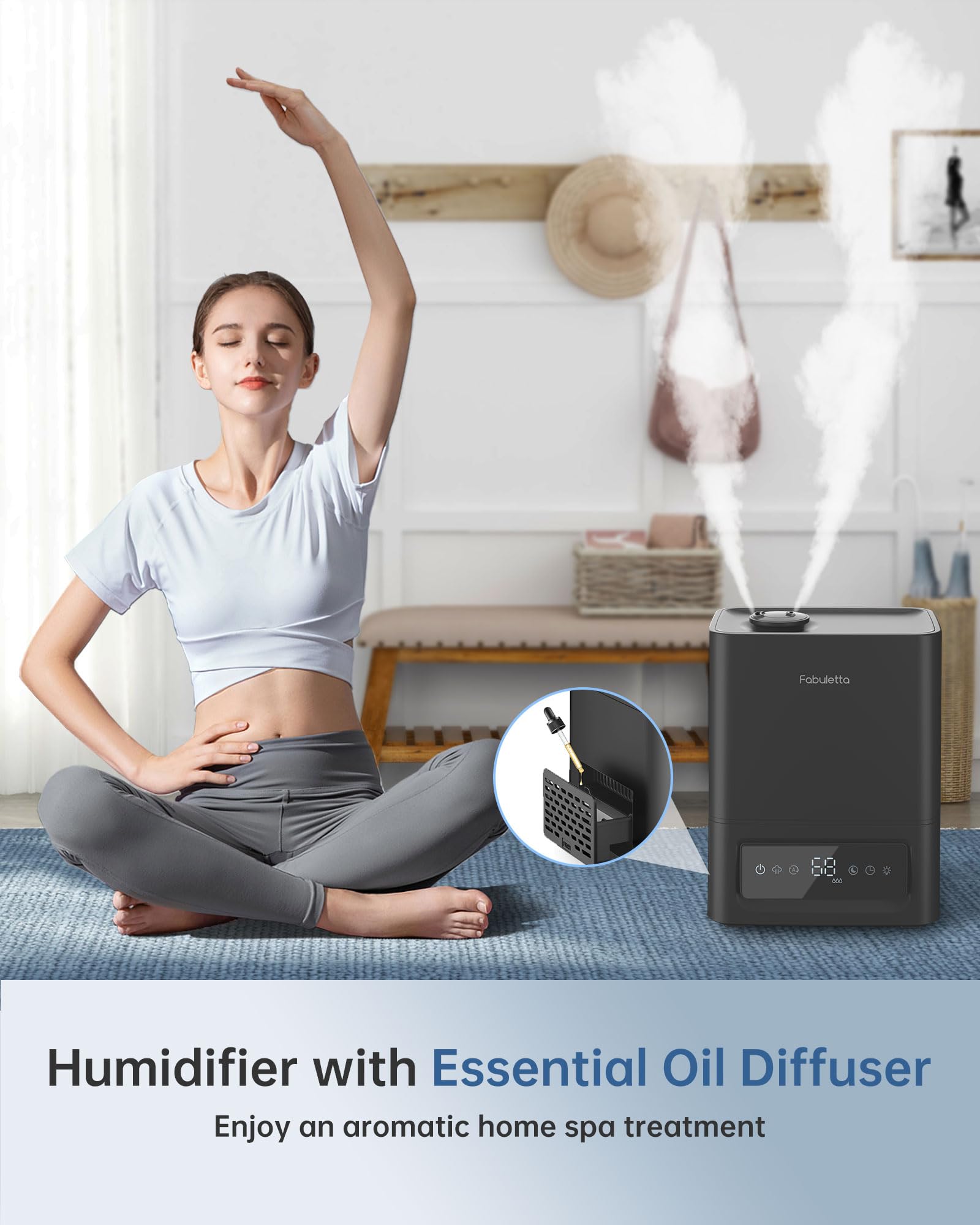 FABULETTA Top Fill Humidifiers for Bedroom, 5L Cool Mist Air Humidifiers with Remote Control, 3 Mist Levels, Essential Oil Diffuser, 2.4Mhz Ultrasonic, Auto Mode, Quiet Sleep ＆ Night Light(Black)