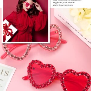 TOODOO 2 Pairs Rhinestone Heart Sunglasses Red Heart Shape Rimless Sunglasses for Women Transparent Heart Glasses (Pink, Rose Red)