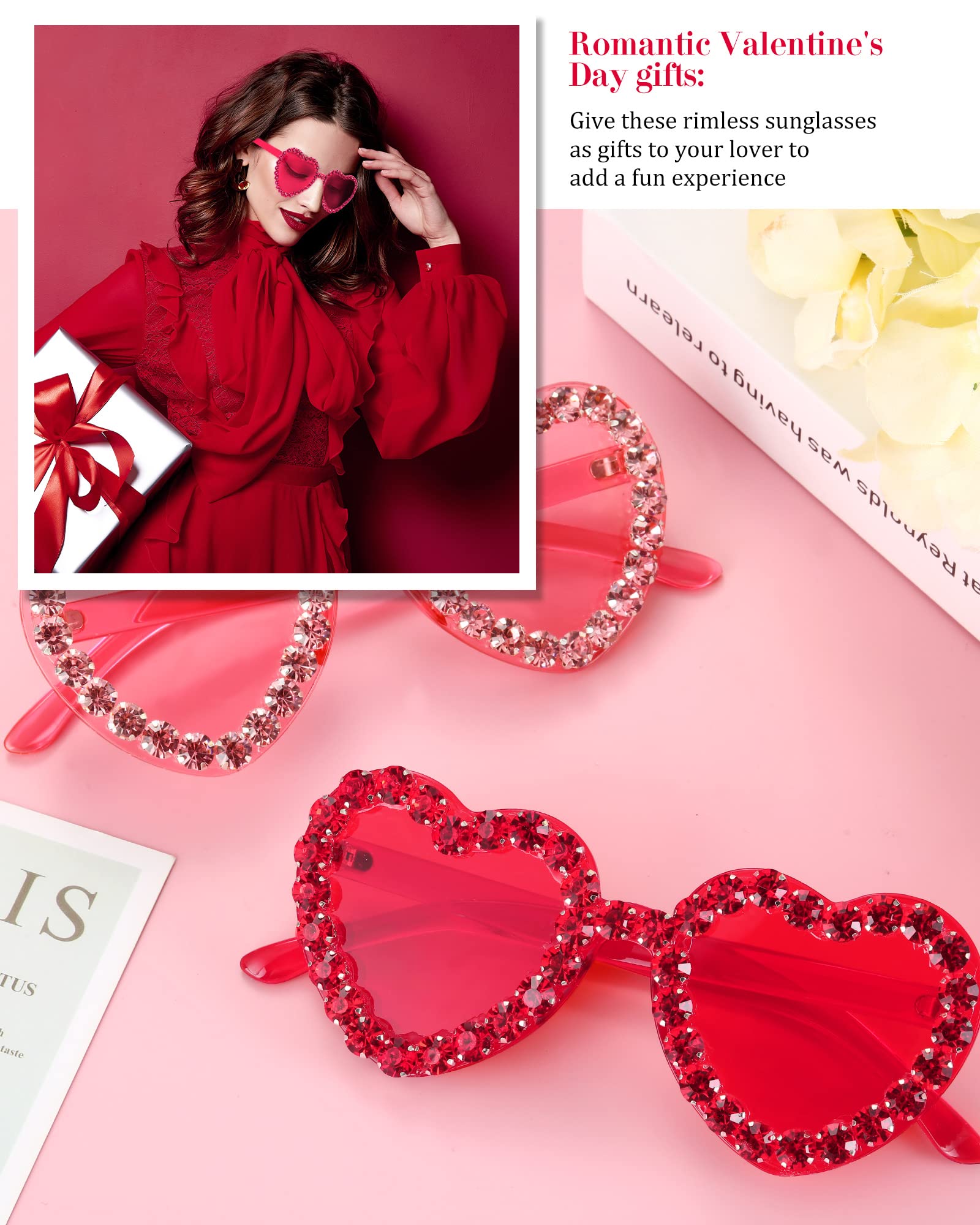 TOODOO 2 Pairs Rhinestone Heart Sunglasses Red Heart Shape Rimless Sunglasses for Women Transparent Heart Glasses (Pink, Rose Red)