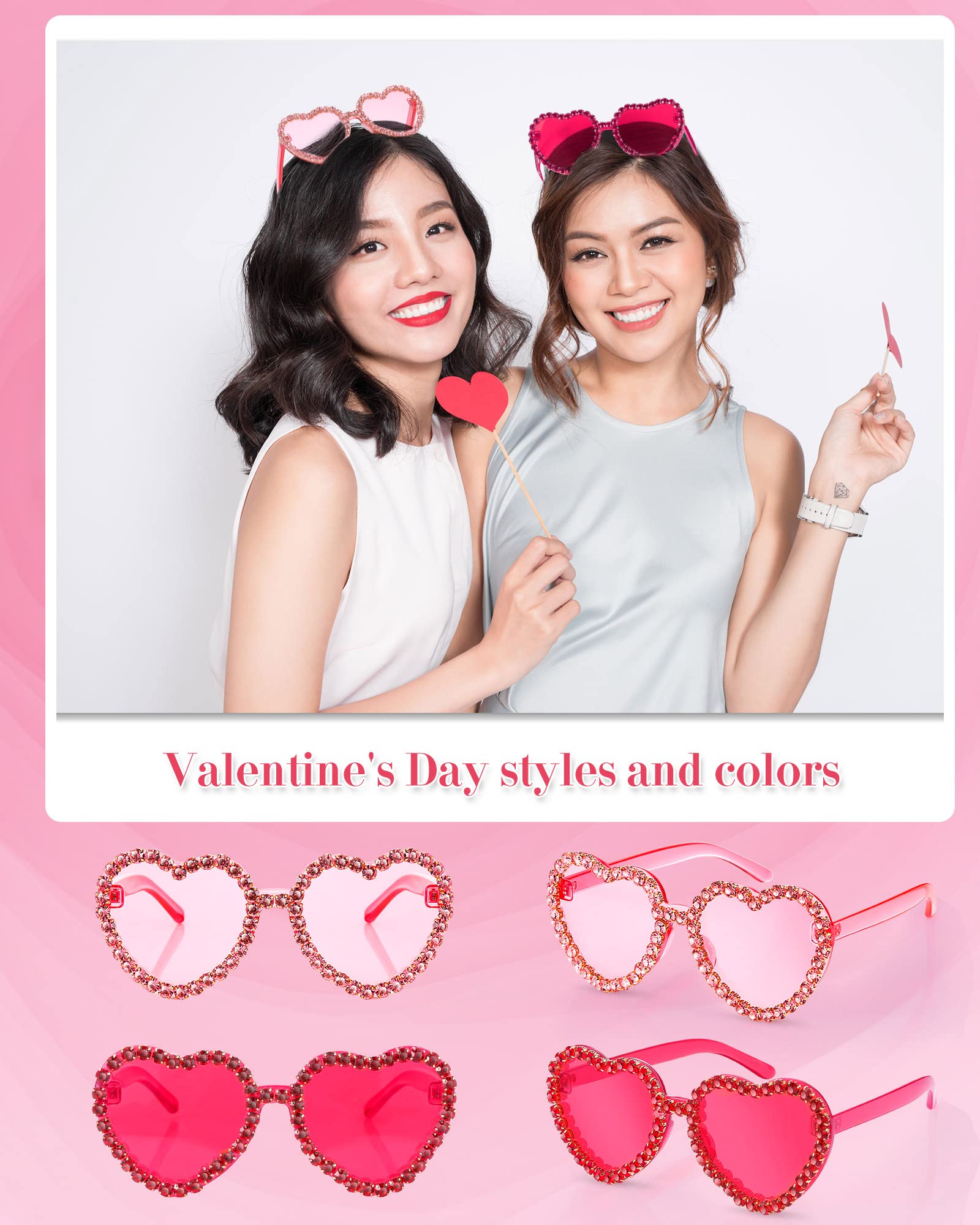 TOODOO 2 Pairs Rhinestone Heart Sunglasses Red Heart Shape Rimless Sunglasses for Women Transparent Heart Glasses (Pink, Rose Red)