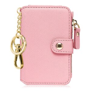 keychain wallet with id window, credit card holder with zipper card wallet women with gift box packing(light pink)