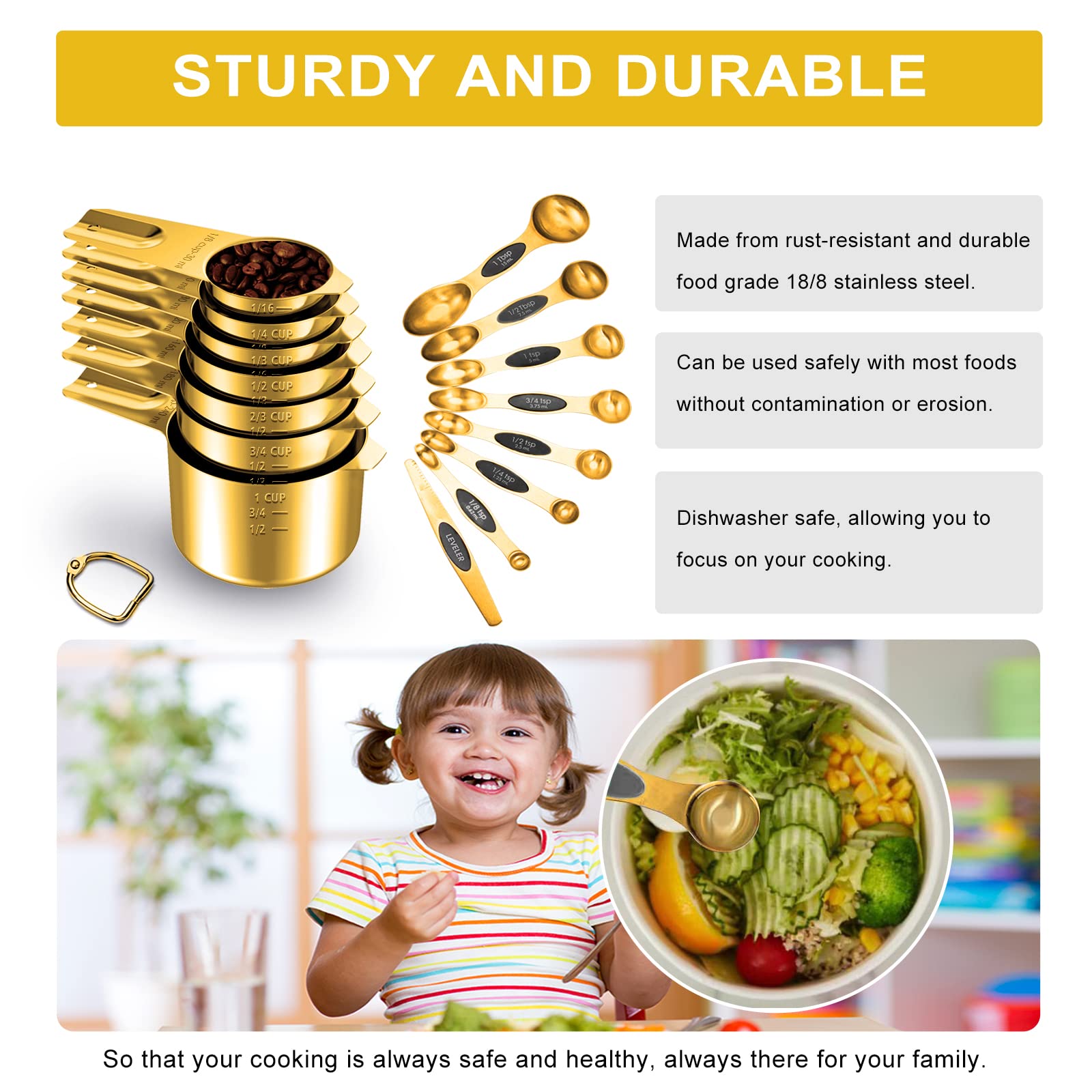 LIFETOWE Gold Measuring Cups and Spoons Set of 15, 18/8 Stainless Steel, Includes 7 Nesting Metal Measuring Cups,8 Magnetic Measuring Spoons set - Ideal Kitchen Gadgets for Cooking and Baking Needs