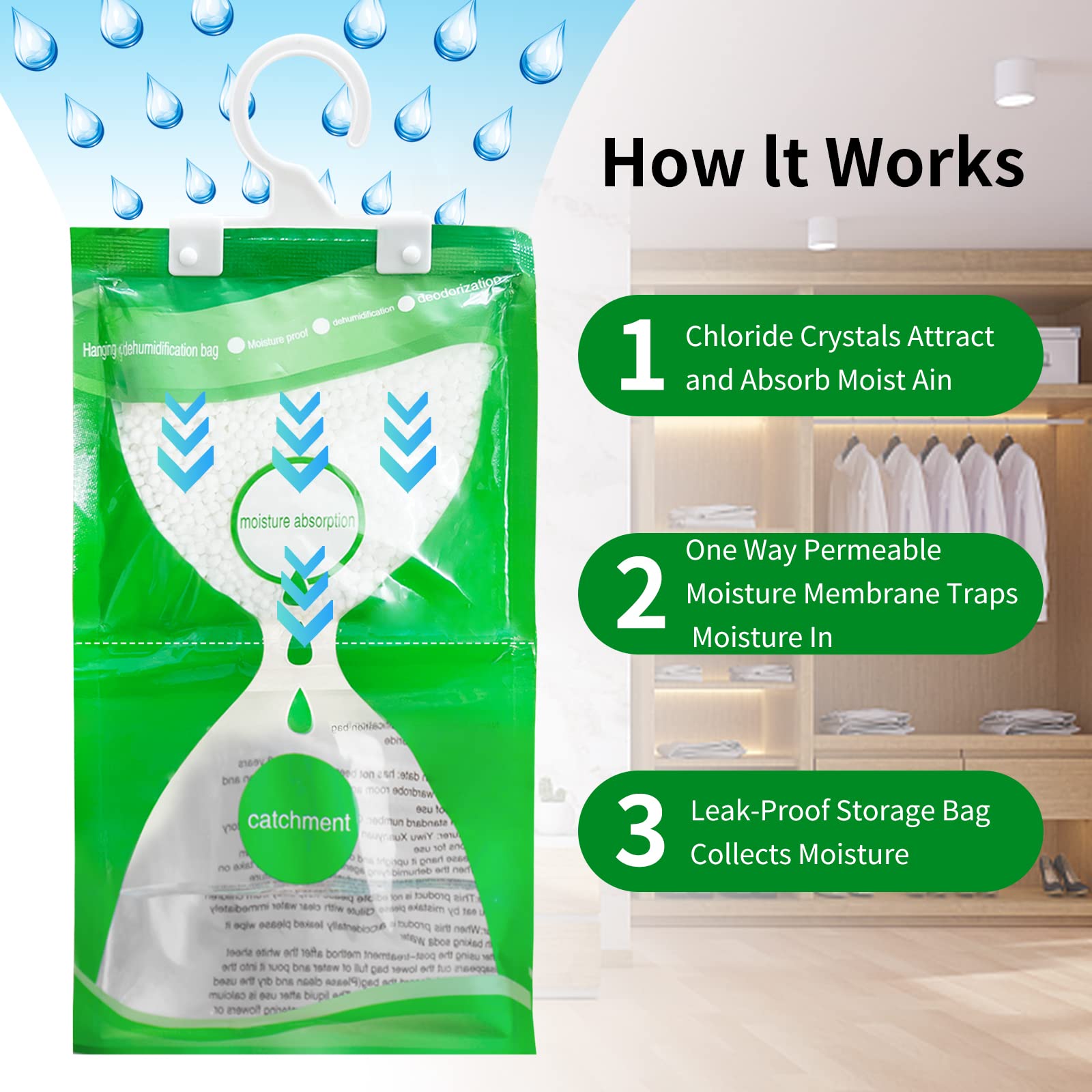 Wardrobe Dehumidifier Hanging Bags,7 Packs Moisture Absorber Deodorate Moistureproof Desiccant Use for Kitchen Bathroom Wardrobe,Closet Dehumidifier Bags