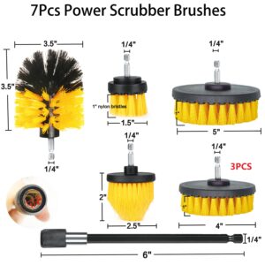 Drill Brush Attachment Set, 7 Pack 1/4in Power Scrubber Brush + Extend Long Attachment, Brush Drill Attachment, Power Cleaning Scrub Brush for Bathroom, Tub, Tile, Corner, Floor