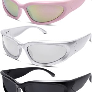 knliwkm 3 Pairs Oval Sporty Wrap Around Sunglasses Y2K Futuristic Glasses Shades for Women Men Trendy Fashion Silver