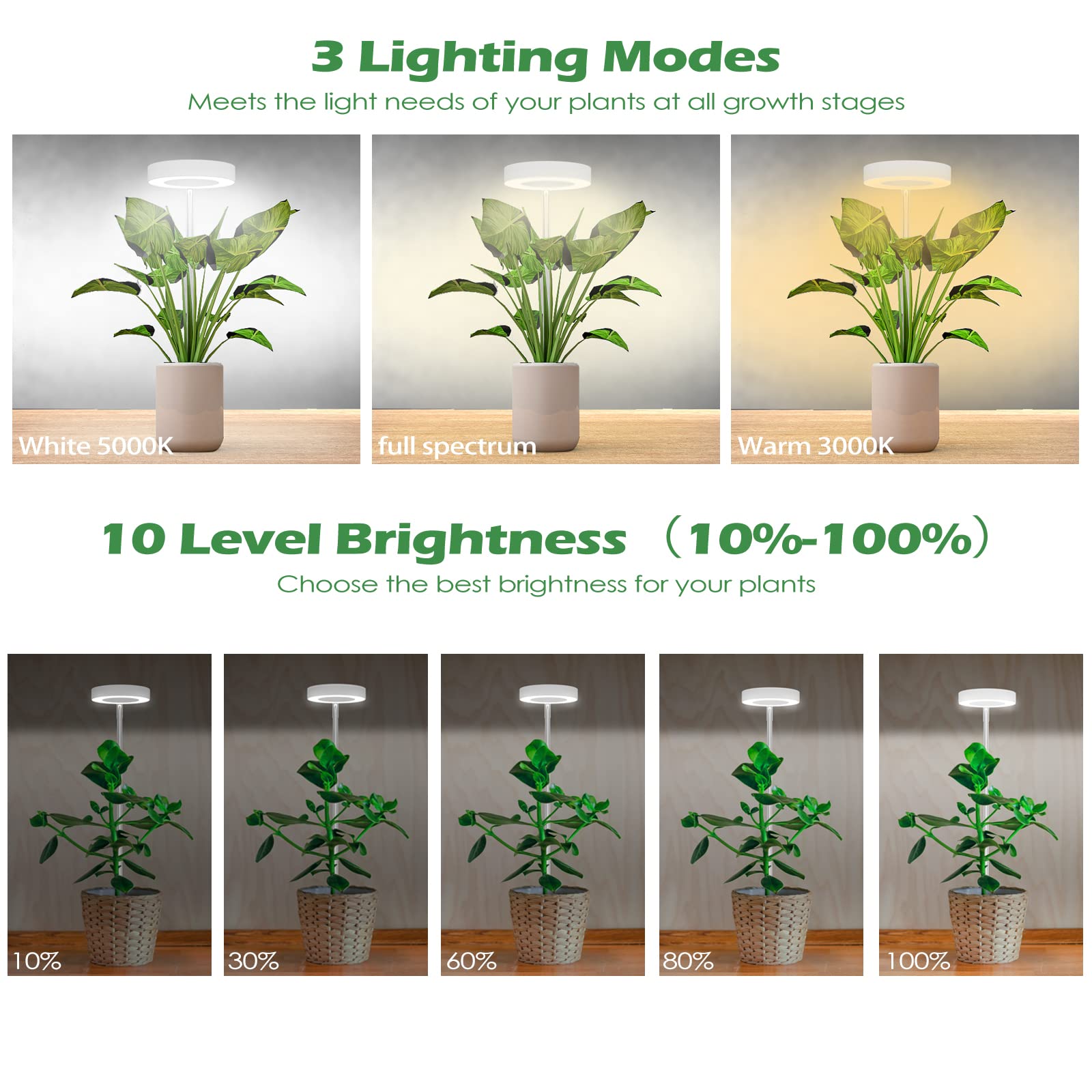 Grow Lights for Indoor Plants, Full Spectrum Plant Lights with Clip, Height Adjustable and 3 Spectrum Modes, 3/9/12h Automatic Timer, 10 Dimmable Brightness, Mini Halo Grow Lights for Small Plants