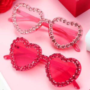 TOODOO 2 Pairs Rhinestone Heart Sunglasses Red Heart Shape Rimless Sunglasses for Women Transparent Heart Glasses (Pink, Rose Red)