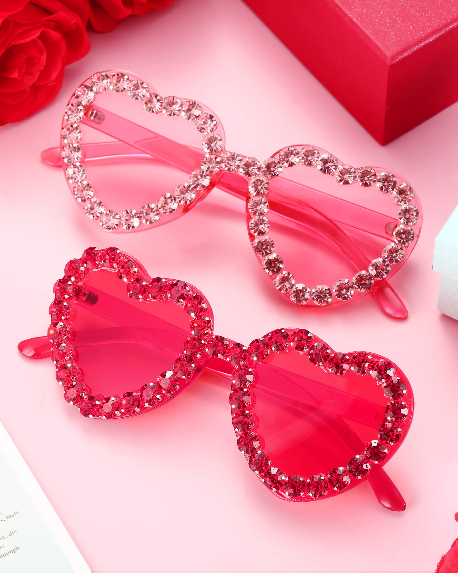 TOODOO 2 Pairs Rhinestone Heart Sunglasses Red Heart Shape Rimless Sunglasses for Women Transparent Heart Glasses (Pink, Rose Red)