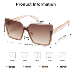 SOJOS Trendy Square Oversized Sunglasses Womens Big Rimless UV400 Ladies Shades SJ1160, Brown Gradient Pink Lens/Light Brown Temples