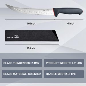 DELFINA Curved Breaking Knife 10 inch W/Sheath & SoftGrip Handle, Butcher Breaking Knife For Meat Cutting, High Carbon Japanese Steel