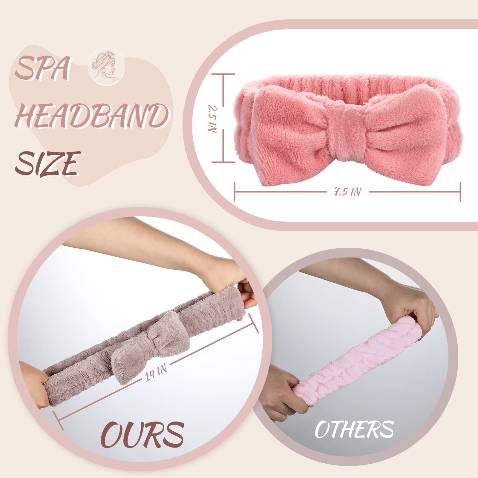 VITEVER 4 Pack Spa Headband for Washing Face, Girls Makeup Bow Tie Hair Band, Microfiber Women Headbands, Elastic Headband to Skincare, Gifts for Teen Girls- White, Brown, Rose Pink, Light Pink