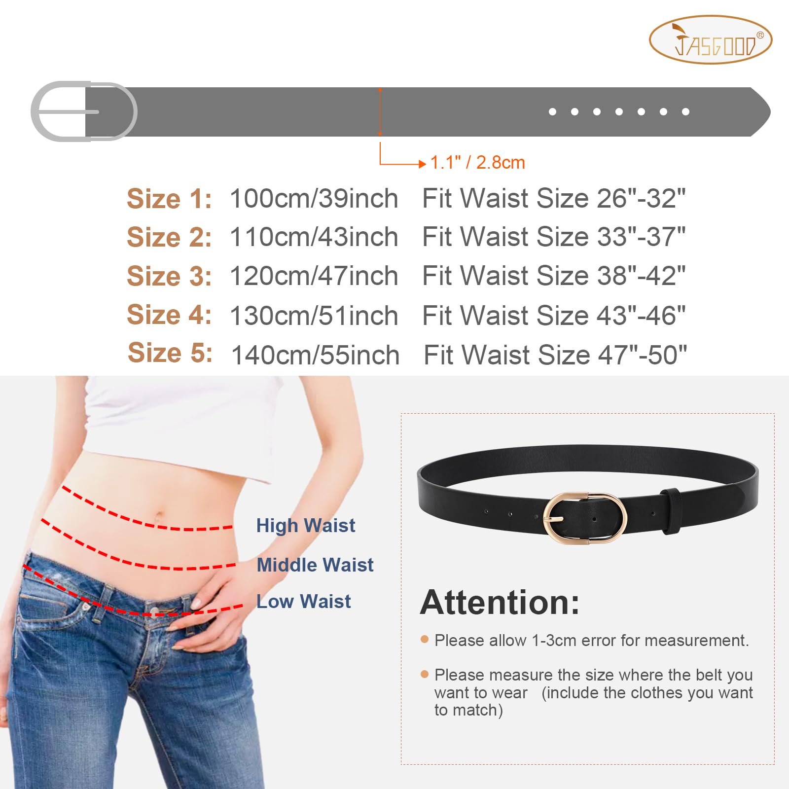 JASGOOD 3 Pack Women’s Leather Belts for Jeans Pants Fashion Ladies Belt with Gold Buckle