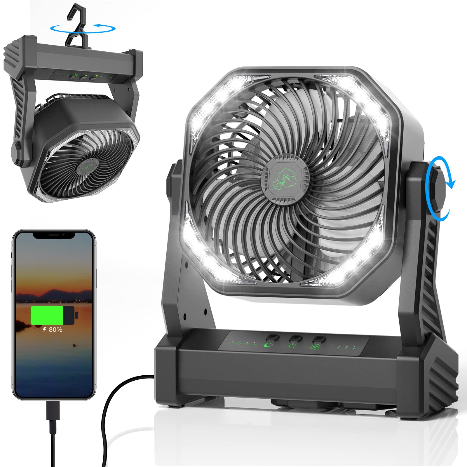 Gewanolla Camping Fan with LED Light, 20000mAh Rechargeable Battery Operated Camp Fan with Hook, 270° Pivot, 4 Speeds, USB Table Fan for Camping, Fishing, Power Outage, Barbecue, Jobsite