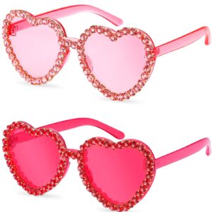 TOODOO 2 Pairs Rhinestone Heart Sunglasses Red Heart Shape Rimless Sunglasses for Women Transparent Heart Glasses (Pink, Rose Red)