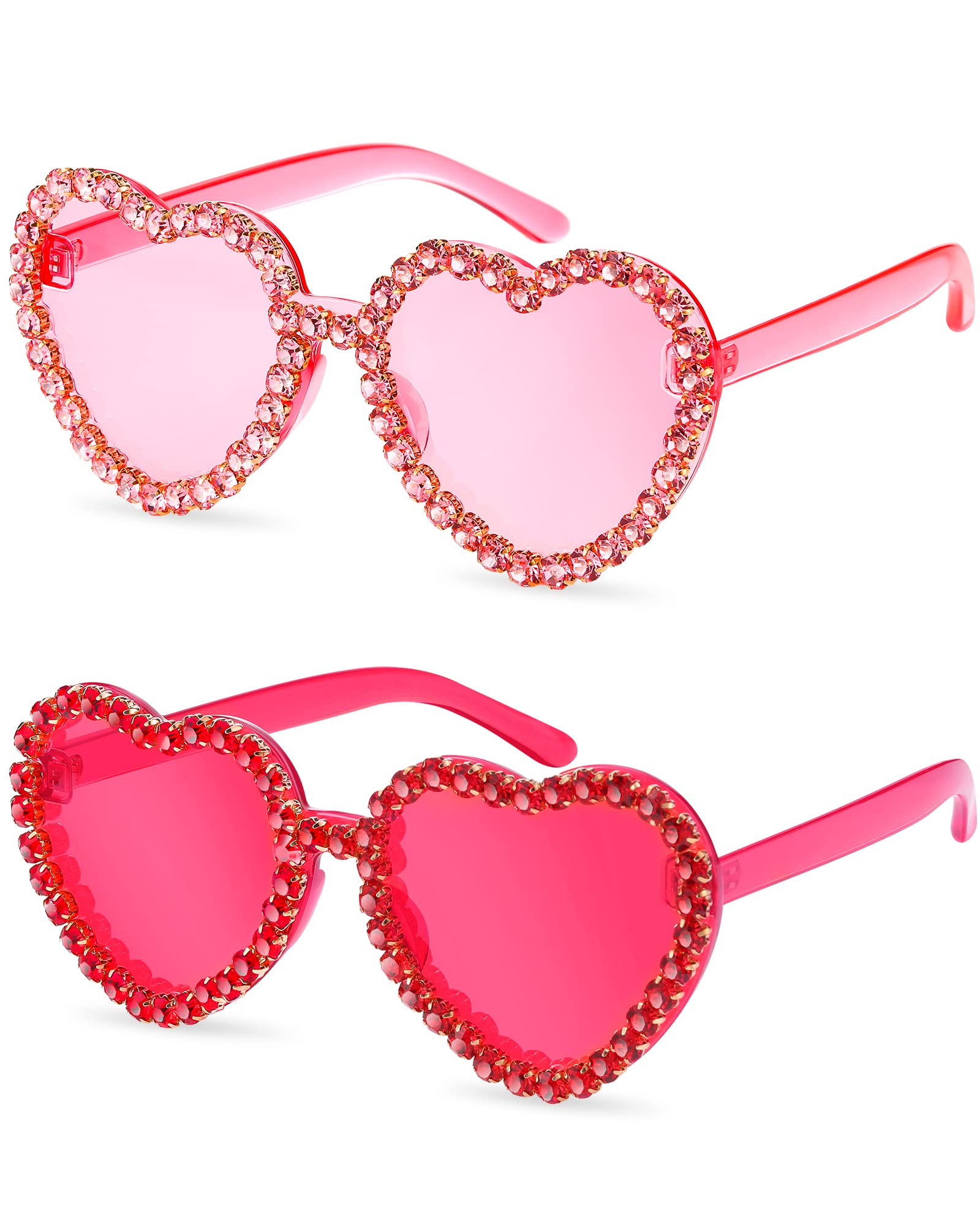 TOODOO 2 Pairs Rhinestone Heart Sunglasses Red Heart Shape Rimless Sunglasses for Women Transparent Heart Glasses (Pink, Rose Red)