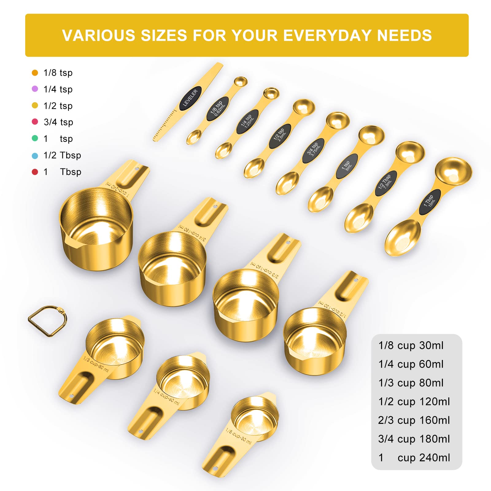 LIFETOWE Gold Measuring Cups and Spoons Set of 15, 18/8 Stainless Steel, Includes 7 Nesting Metal Measuring Cups,8 Magnetic Measuring Spoons set - Ideal Kitchen Gadgets for Cooking and Baking Needs