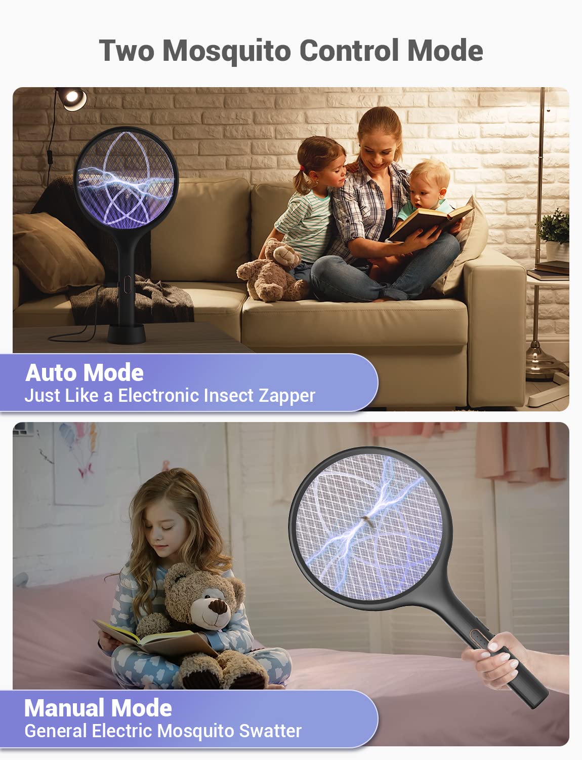 YISSVIC Electric Fly Swatter 4000V Bug Zapper Racket Dual Modes Mosquito Killer with Purple Mosquito Light Rechargeable for Indoor Home Office Backyard Patio Camping