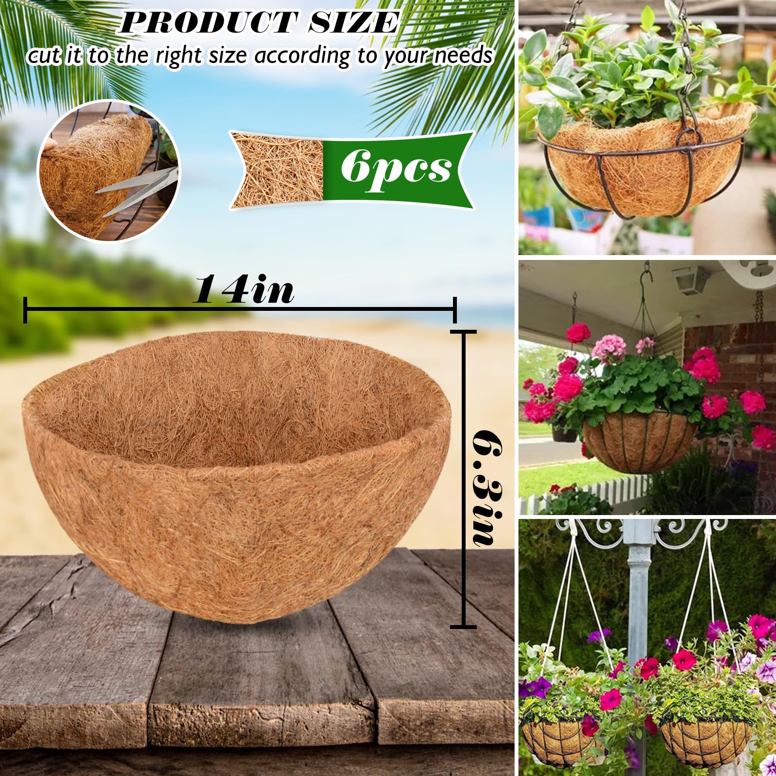 ZeeDix 6Pcs 14 Inch Coconut Liners for Planters, Round Hanging Basket Liners 100% Natural Coco Coir Basket Coco Replacement Liners for Hanging Basket Planters Flowers Vegetables(14in-6pcs)