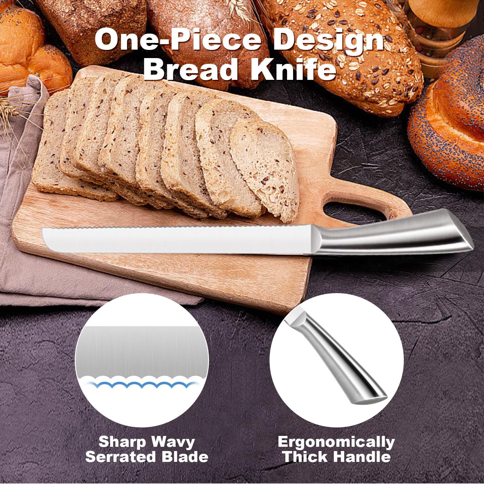 LifHap Serrated Bread Knife, Pastry-Slicer - 10 Inch/24CM Blade,One-Piece Stainless Steel Design,Best Knives for Slicing Bread, Bagels, Cake