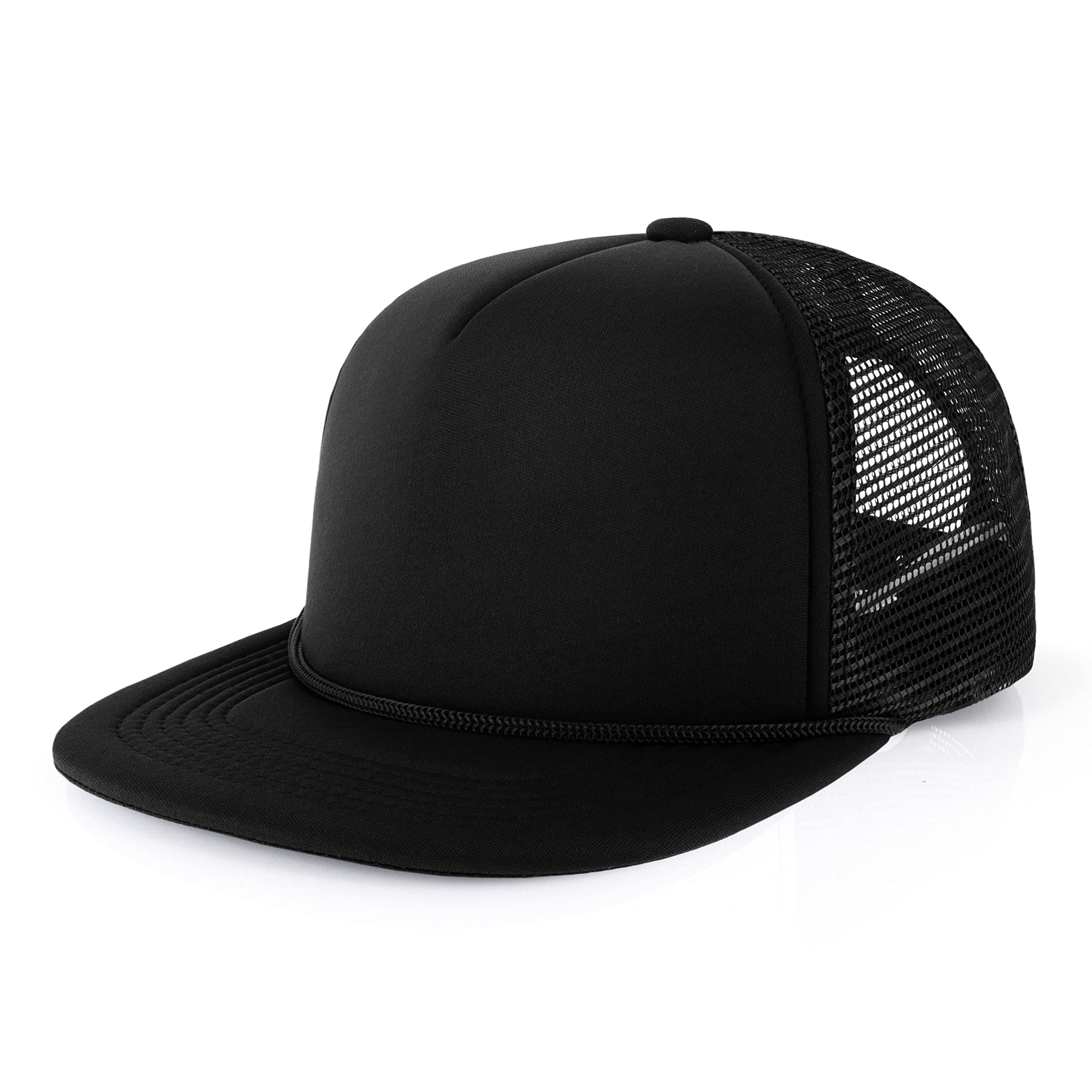 CHOK.LIDS Flat Bill Foam Top Hats for Men and Women Adjustable Snapback Trucker Hat Trendy Color Flat Brim Mesh Baseball Cap (Black)